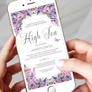 High Tea Mobile Einladung, Pink & Purple Florals, Teekanne und Tassen, bearbeitbare digitale Downloadeinladung für einen Geburtstagstee
