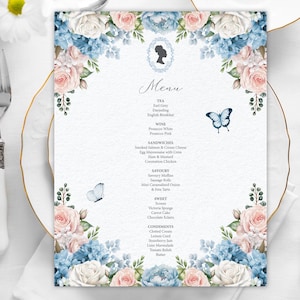8.5 x 11 Afro Puff Tea Party Menu with Blue, Pink, White Flowers, Bridgerton Style Cameo with Butterflies, CORJL EDITABLE DIGITAL Template