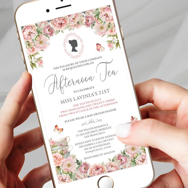 Afternoon Tea Electronic Mobile Invitation with Blush Pink Flowers, Bridgerton Cameo, Butterflies, Teapot, Corjl Editable DIGITAL DOWNLOAD