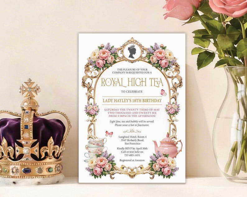 Royal High Tea Invitation, Gold Frame, Pastel Peonies, Cameo, Teapot ...