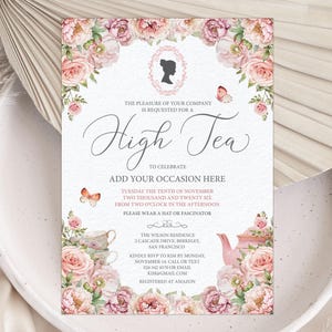 Regency High Tea Invitation with Cameo, Blush Pink Birthday, Teapot, Corjl Editable Template