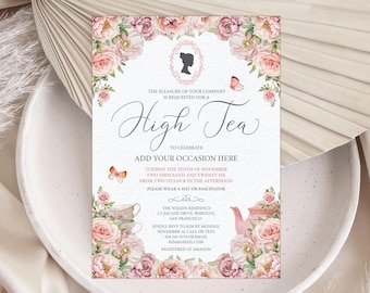 Invitación para té de la tarde estilo Regencia con camafeo, flores rosa rubor, tetera, plantilla editable Corjl de 5x7 pulgadas