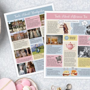 NIET-BEWERKBARE feiten over Bridgerton / Afternoon Tea, 8,5 x 11, leuke stijl, 1-zijdige infobladen voor een theekransje, directe digitale download