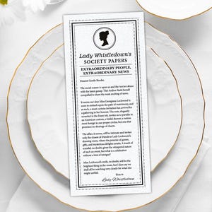 Bridal Shower Lady Whistledown Society Page Announcement, 4 x 9, Dearest Gentle Reader, Round Cameo, CORJL EDITABLE DIGITAL Template