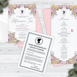 Bundle of 3 Bridgerton Afternoon Tea Pastel, Invitation, Menu, Whistledown Birthday Announcement, Corjl Editable DIGITAL DOWNLOAD