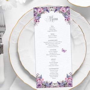 Menú de té de 4 x 9 con flores rosas y violetas, mariposas y un bonito estampado rosa en la parte posterior, descarga digital editable de Corjl