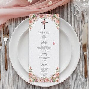 Church Tea Menu, Blush Pink Flowers, Christian Cross, Butterfly, 4x9 Corjl Editable Template