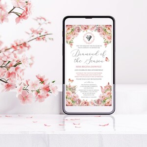 pretty blush pink flower diamond of the season invitation for mobile phone with inspired diamond cameo