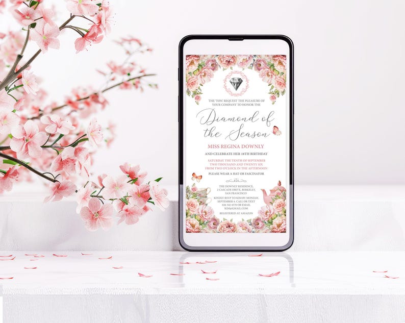 pretty blush pink flower diamond of the season invitation for mobile phone with inspired diamond cameo