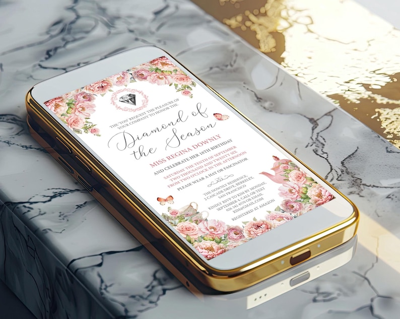 gold mobile with diamond of the season birthday invitation on face