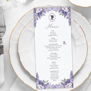 Tea Party Menu, Regency Style Cameo, Butterfly, Lavender Flowers, Editable Corjl Template