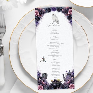 Wizards Party Menu, 4 x 9, Black Purple Pink Floral Border with Snowy Owl & Cauldron, Editable Digital Download Menu for a Wizard Party