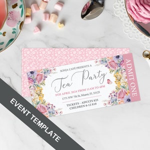 5 x 2.25 Tea Party Event Ticket with Pastel Flowers and Butterfly, Admit One, CORJL EDITABLE DIGITAL Template