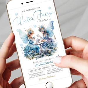 Invito mobile per festa del tè delle fate invernali con fate del ghiaccio, fiocchi di neve, farfalle, festa di compleanno, modello digitale modificabile CORJL