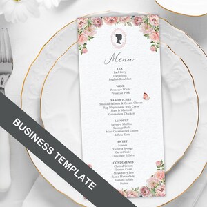 4 x 9 Blush Pink Menu with Bridgerton Cameo and Business Logo on Back, Butterfly, CORJL EDITABLE DIGITAL Template
