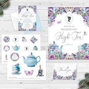 Bundle of 4 Bridgerton High Tea Blue Lilac Products, Invite, Cake Toppers, Thank You Card, 16 x 20 Sign, Corjl EDITABLE DIGITAL DOWNLOAD