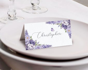 Place Name / Food Tent Card, Wisteria Flowers, Butterfly, 3.5x2 Corjl Editable Template