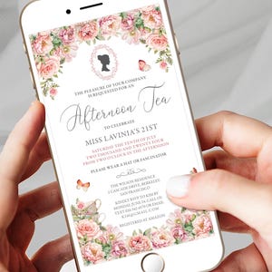 Bridgerton-stijl mobiele afternoon tea-uitnodiging met blush roze bloemen, cameo en vlinders, CORJL BEWERKBARE digitale sjabloon