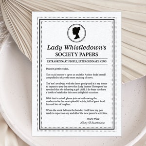 5 x 7 Baby Shower & Gender Reveal Lady Whistledown Society Page, Dearest Gentle Reader, Bridgerton Cameo, Corjl EDITABLE DIGITAL DOWNLOAD