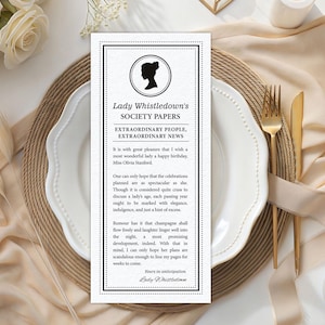 Black and white regency whistledown inspired Birthday Tea Society Announcement page on a white plate with cream roses
