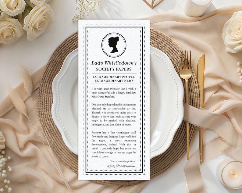 Black and white regency whistledown inspired Birthday Tea Society Announcement page on a white plate with cream roses