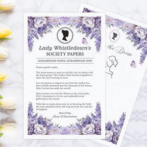 Lady Whistledown Wedding Announce, Folded Leaflet, Bridal Shower Games, 8.5 x 11, Lavender Flowers, Cameo, CORJL EDITABLE DIGITAL Template