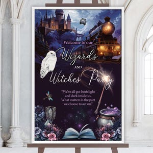 May include: A framed poster with a fantasy theme. The poster features a castle, a train, and a white owl. Text reads "Welcome to our Wizards and Witches Party." A quote is also included. The color palette includes purple, blue, and gold.