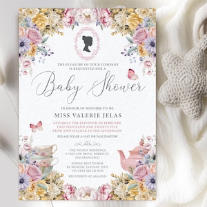5 x 7 Baby Shower Invite with Bridgerton Style Cameo, Pastel Flowers, Teapot, Teacups & Butterflies, CORJL EDITABLE DIGITAL Template
