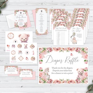 Mega Bundle of 7 Baby Shower Blush Pink Products, Invite, Menu, Toppers, Diaper Raffle / Books for Baby Cards, Raffle Sign, Games