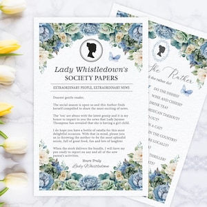 8.5 x 11 Lady Whistledown Baby Reveal Preg Announce, Baby Games Folded Leaflet, Sage Green Blue Flower, CORJL EDITABLE DIGITAL Template