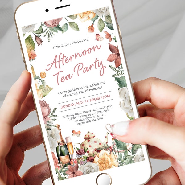 Afternoon Tea Party Electronic Invitation for Mobile with Floral Border, Teapot, Teacups and Champagne, Corjl Editable Digital Download