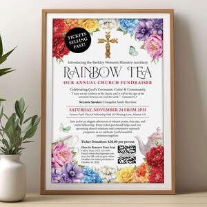 Church Rainbow Tea Fundraiser Flyer, Poster, Bright Flowers, Gold Cross, Scripture, Corjl Editable Templates