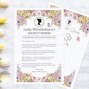 11 x 8.5 Folded Lady Whistledown Bridal Shower Announce Leaflet with Pastel Flower, Bridal Games, Cameo, CORJL EDITABLE DIGITAL Template