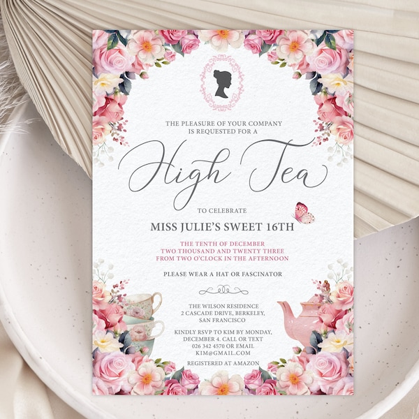 5 x 7 High Tea Invitation with Pink Flower Rose, Bridgerton Cameo, Teapot, Teacups, Butterfly, Corjl Editable Digital Download