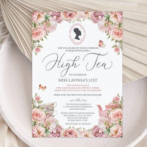 5 x 7 High Tea Afro Puff Cameo Invitation with Blush Pink Flowers, Bridgerton Theme, Teapot, Teacups, Corjl EDITABLE DIGITAL DOWNLOAD