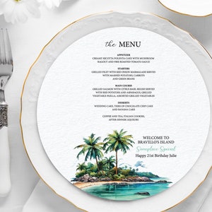 8 x 8 Round Island Theme Menu, Tropical Island Graphic, Pretty Yellow Pattern Back, Corjl EDITABLE DIGITAL DOWNLOAD