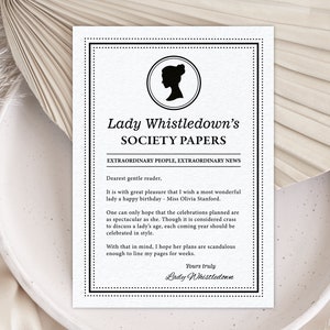 Birthday Lady Whistledown Announce Society Pg, 5 x 7, Dearest Gentle Reader, Black White, Round Cameo, Corjl Editable DIGITAL DOWNLOAD