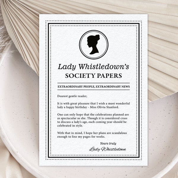 5 x 7 Lady Whistledowns Birthday Announcement Society Page, Dearest Gentle Reader, BlackWhite, Bridgerton Cameo, Corjl Editable Digital File