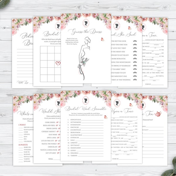 Lot de 5 x 7 jeux de douche nuptiale NON MODIFIABLES, fleurs roses blush, camée Bridgerton, 10 jeux, téléchargement numérique modifiable Corjl