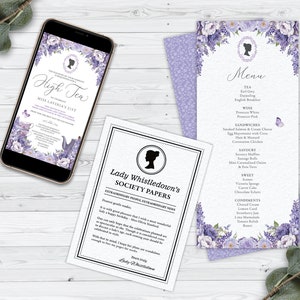 Bundle of 3 Bridgerton High Tea, Lavender Flowers, Electronic Invite, Menu, Whistledown Birthday Announce, Corjl EDITABLE DIGITAL DOWNLOAD