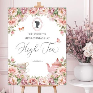 18 x 24 High Tea Bridgerton Welcome Sign with Blush Pink Flowers, Cameo, Teapot, Cups, Butterflies, CORJL EDITABLE DIGITAL Template