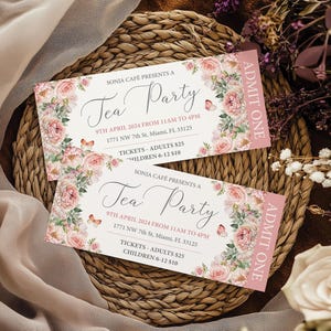 Tea Party Event Ticket, Admit One, Blush Pink Flowers, Butterflies, 5x2.25 Corjl Editable Template