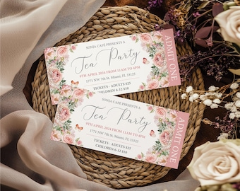 Tea Party Event Ticket, Admit One, Blush Pink Flowers, Butterflies, 5x2.25 Corjl Editable Template