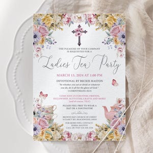 5 x 7 Ladies Tea Party Church Event Invite with Pastel Flowers, Devotional, Cross, Teapot, Cups, Corjl EDITABLE DIGITAL DOWNLOAD