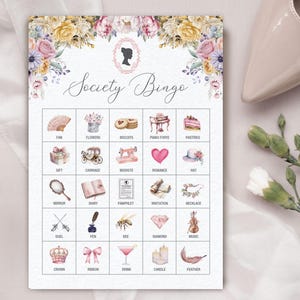 20 x NIET-BEWERKBAAR 5 x 7 Society-bingospel met pastelbloemen, Bridgerton-cameo, 20 verschillende bingokaarten + achterkant, digitale download-pdf