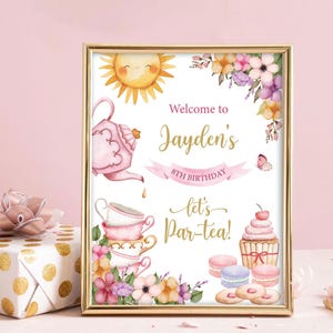 Girls Pink Tea Party Welcome Sign: Teapot, Cupcakes (CORJL Editable Digital Template)