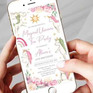 Magical Unicorn Tea Party Mobile Invitation, Baby Unicorns, Rainbows, Sun & Stars and Pink Flowers, CORJL EDITABLE DIGITAL Template