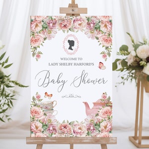 24 x 36 Baby Shower Welcome Sign, Blush Pink, Bridgerton Cameo, Teapot, Teacups, Butterflies, CORJL EDITABLE DIGITAL Template