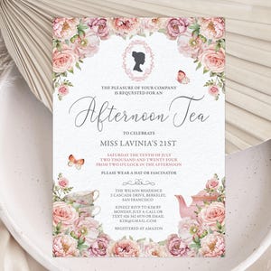 5 x 7 Bridgerton Afternoon Tea Invitation with Blush Pink Flowers, Cameo, Tea Pot, Tea Cup Graphics, Corjl EDITABLE DIGITAL DOWNLOAD