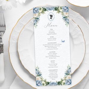 4 x 9 Bridgerton Tea Party Menu with Sage Green and Dusty Blue Flowers, Bridgerton Cameo with Butterfly, Corjl EDITABLE DIGITAL DOWNLOAD
